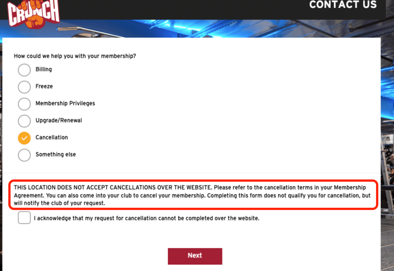 cancel membership crunch fitness