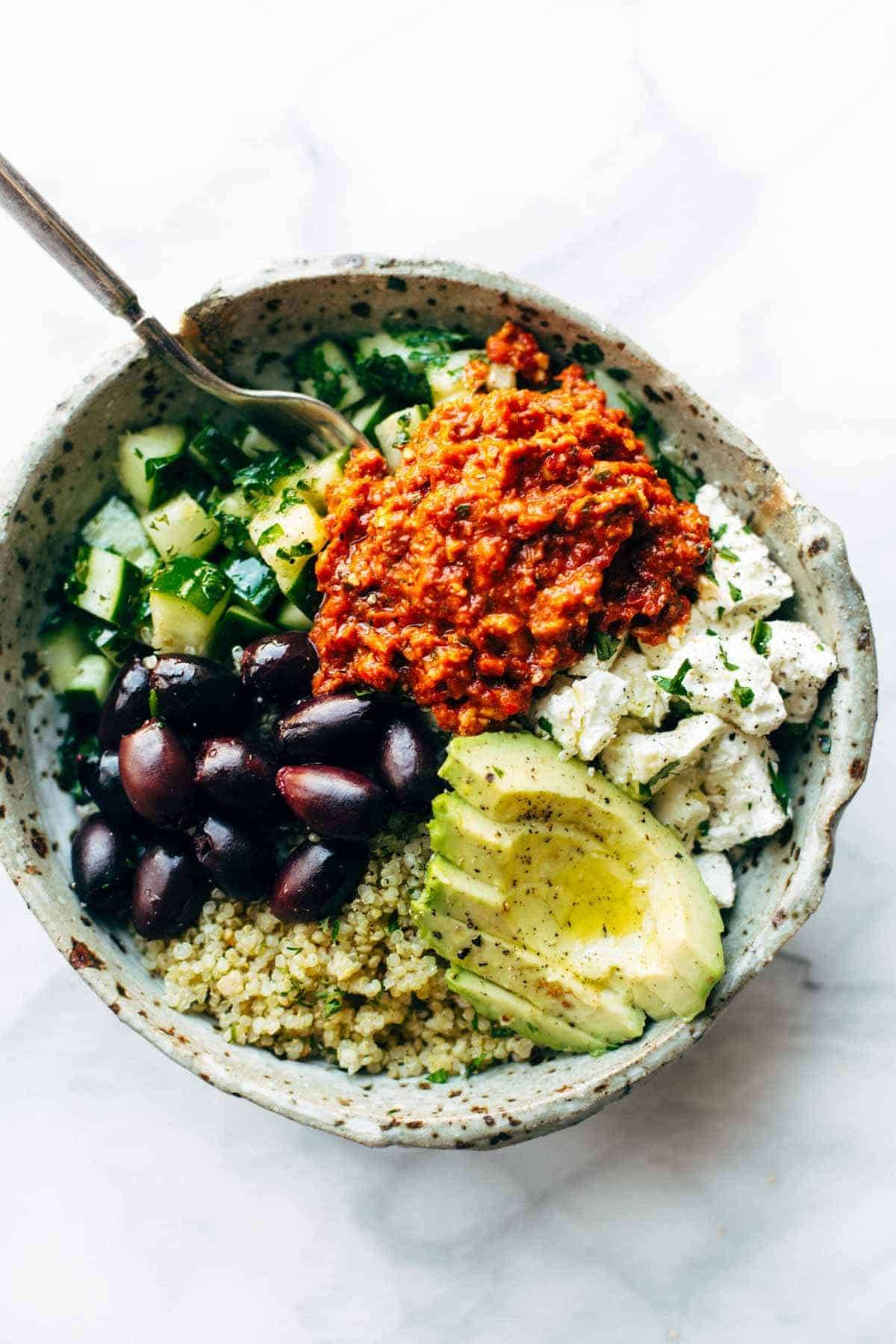 Mediterranean Rice Bowls with Red Pepper Sauce
